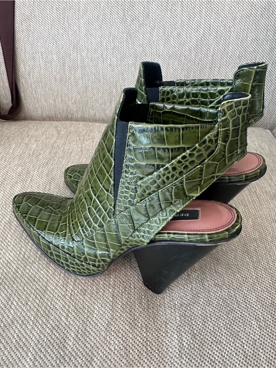 Derek Lam Shoes - Derek Lam Olive Green Croc-Embossed Slingback Wedge Booties